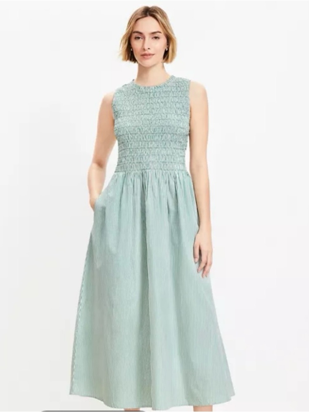 LOFT Smocked Bodice Poplin Mint Green Dress